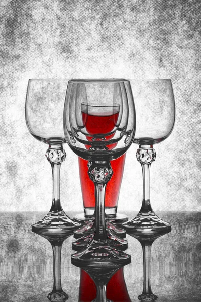 Still Life Empty Glass Goblets Red Bottle — Fotografia de Stock