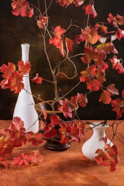 Viburum kırmızı ve beyaz vazolardan oluşan bir dalla hayat