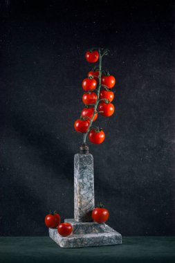 Kiraz domatesleri ve granit kaidesiyle natürmort hayat 
