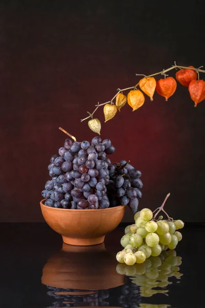 Still Life Grapes Branch Physalis — Stock Photo, Image
