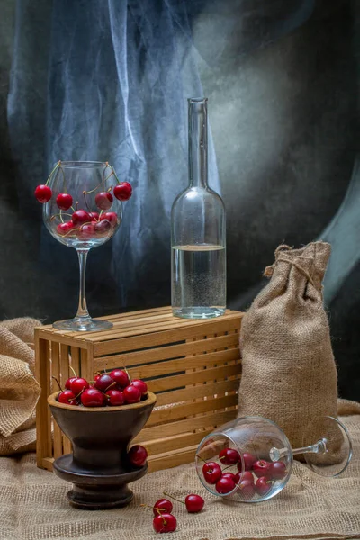 Still Life Ripe Cherries Glass Vase — Photo