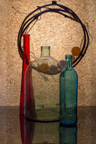Still Life Colored Bottles Vine — Photo