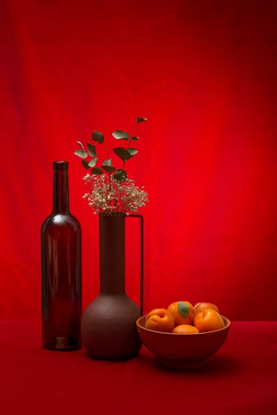 Still Life Bottle Vase Flowers Apricots — Stok fotoğraf