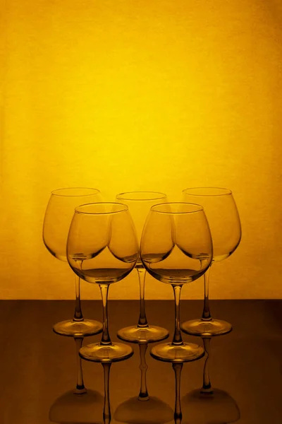 Still Life Empty Wine Glasses Reflective Surface — Photo