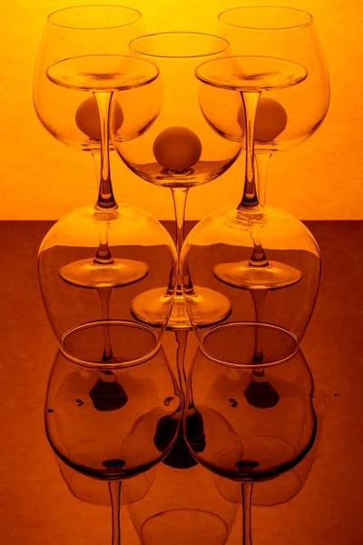 Still Life Empty Wine Glasses Reflective Surface — Stock Photo, Image