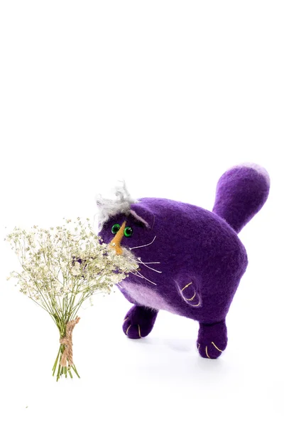 양모로 보라색 고양이 의부드러운 장난감 — 스톡 사진