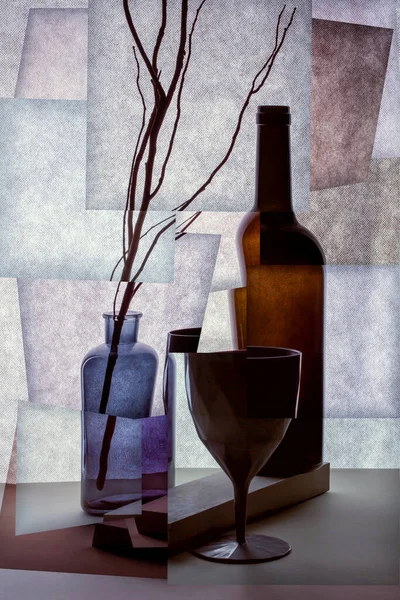 Abstract Stilleven Met Fles Vaas Glas Stylization — Stockfoto