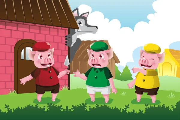 Loup et trois petits cochons — Image vectorielle