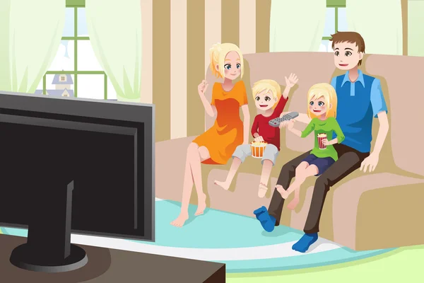 Familia viendo películas en casa — Vector de stock