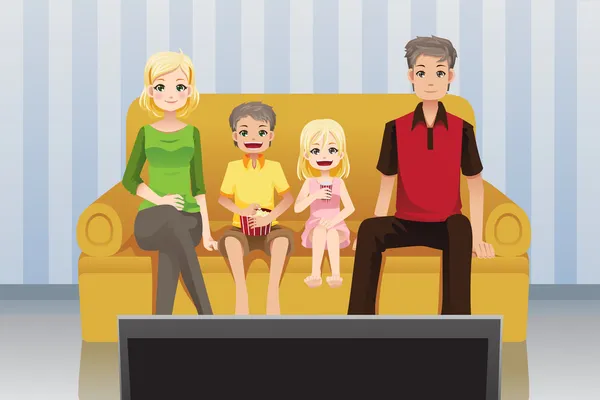 Familia viendo películas en casa — Vector de stock