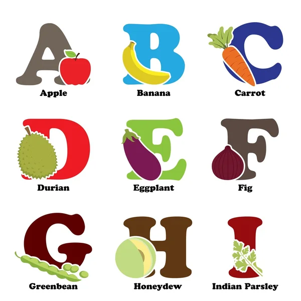 Meyve ve sebze alfabesi — Stok Vektör