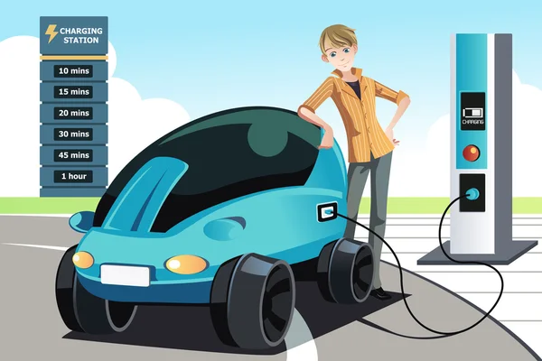 Man charging electric car — Stock Vector