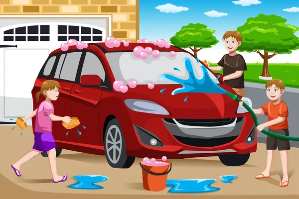 Padre y sus hijos lavando el coche — Vector de stock