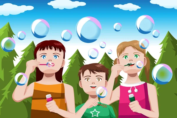 Kids blowing bubbles — Stock Vector