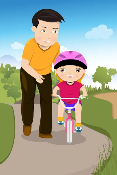 Padre enseñando a su hija a montar en bicicleta — Vector de stock