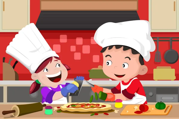 Kids making pizza in the kitchen — Stock Vector