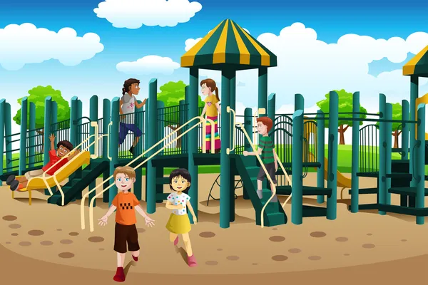 Enfants multi-ethniques jouant dans l'aire de jeux — Image vectorielle