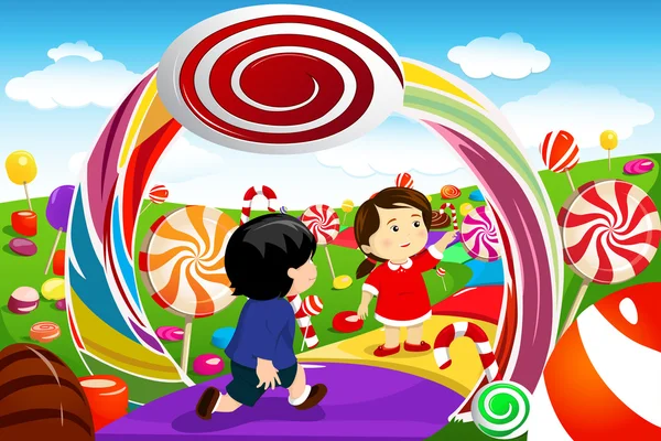 Niños jugando en una tierra de dulces — Vector de stock