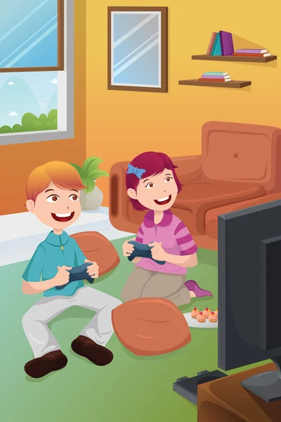 Anak-anak bermain video game di rumah - Stok Vektor