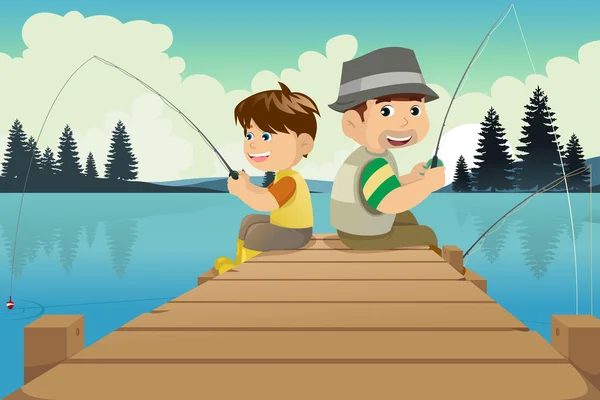 Pai e filho indo pescar em um lago — Vetor de Stock