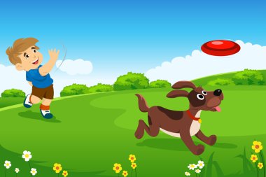 köpeğiyle oynayan bir boy