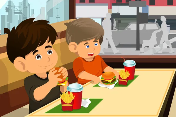 Дети едят гамбургер и картошку фри — стоковый вектор