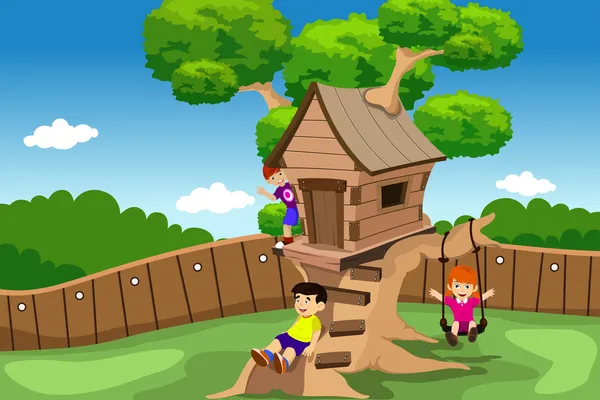 Niños jugando en una casa de árbol — Vector de stock