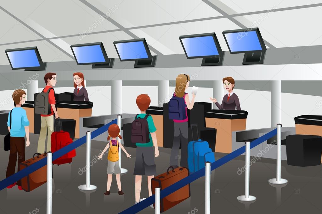 Lining up at the check-in counter in the airport