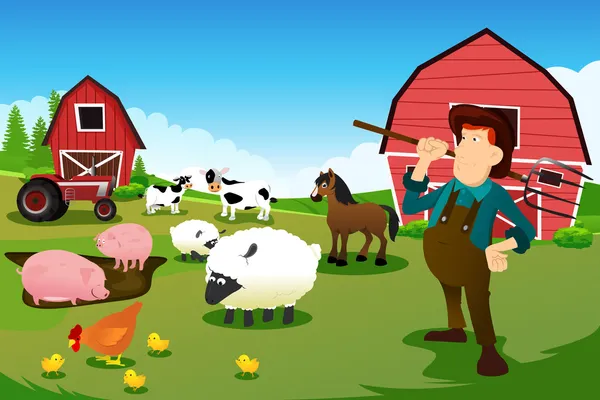 Agricultor y tractor en una granja con animales de granja y granero — Vector de stock