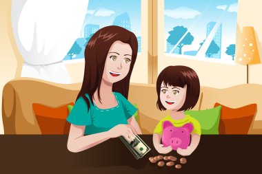 Anne ve kızı bir kumbara için para tasarrufu