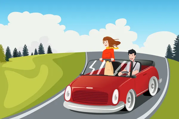 Pareja montando un coche en un viaje por carretera — Vector de stock