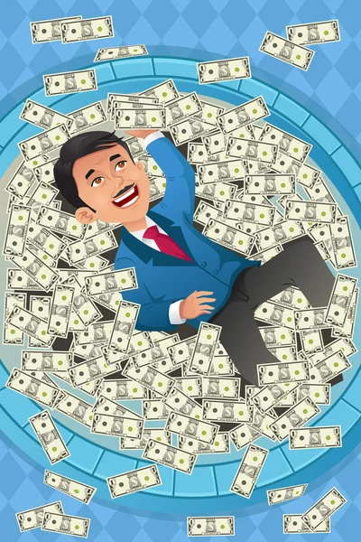 Фінансова концепція щасливого бізнесмена в басейні грошей — стоковий вектор