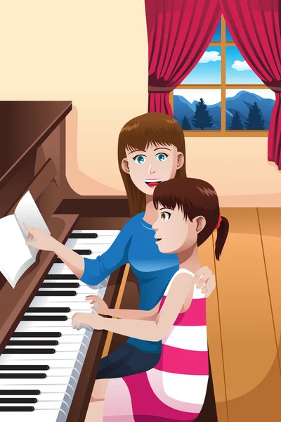 Una chica aprendiendo a tocar un piano — Vector de stock