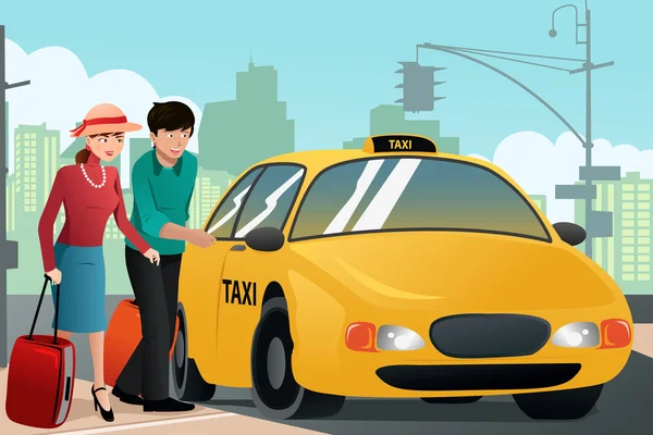 Pareja de vacaciones llamando a un taxi — Archivo Imágenes Vectoriales
