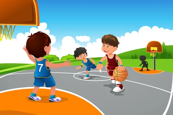 Kids playing basketball in a playground — Stock Vector