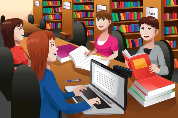 Estudiantes universitarios estudiando en una biblioteca — Vector de stock