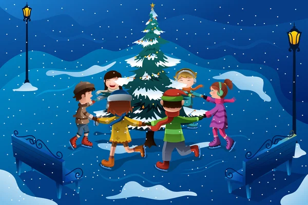 Niños patinando alrededor de un árbol de Navidad — Archivo Imágenes Vectoriales