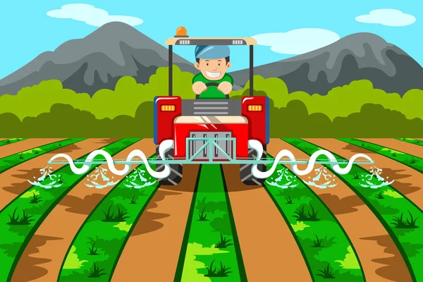 Agricultor regando la granja con tractor — Vector de stock