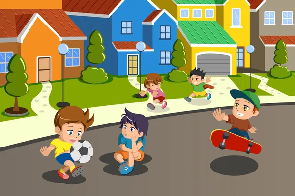 Niños jugando en la calle de un barrio suburbano — Vector de stock