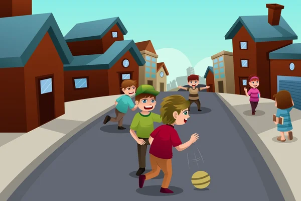 Дети играют на улице в пригородном районе — стоковый вектор