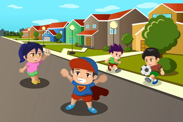 Niños jugando en la calle de un barrio suburbano — Vector de stock