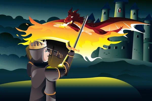 Príncipe luchando dragón mientras rescata princesa — Archivo Imágenes Vectoriales