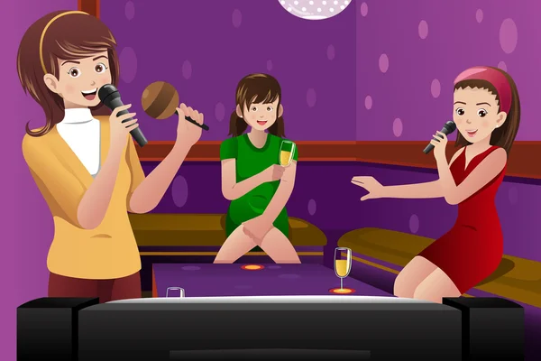 Vrouwelijke vrienden zingen karaoke — Stockvector