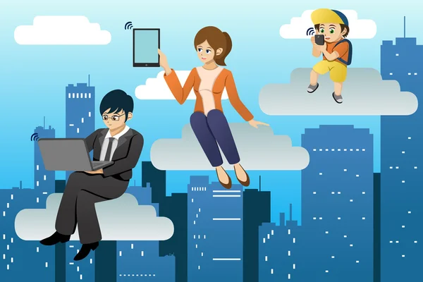 Pessoas usando diferentes dispositivos móveis em nuvens computing environ — Vetor de Stock