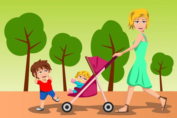 Madre caminando con sus hijos — Vector de stock