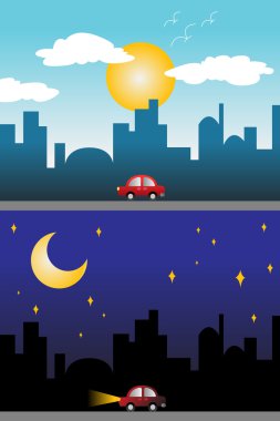 Day and night view of a modern city clipart