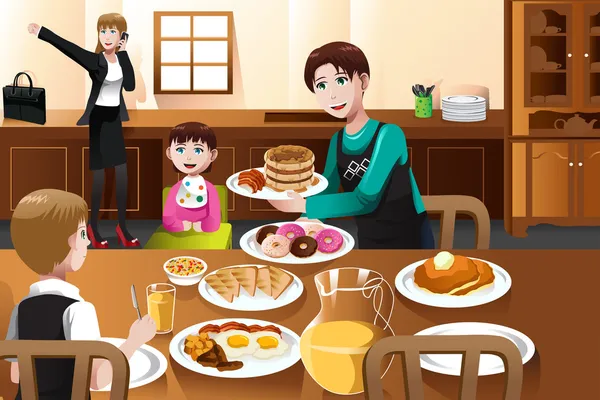Zu Hause bleiben Vater frühstückt mit seinen Kindern — Stockvektor