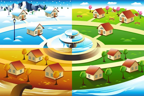 Village in four season — Stock Vector