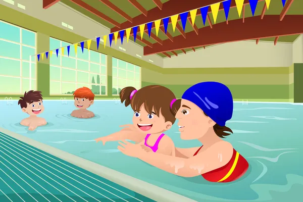 Τα παιδιά, έχοντας ένα μάθημα κολύμβηση στην εσωτερική πισίνα — Διανυσματικό Αρχείο