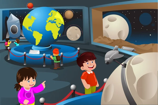 Niños en una excursión a un planetario — Vector de stock